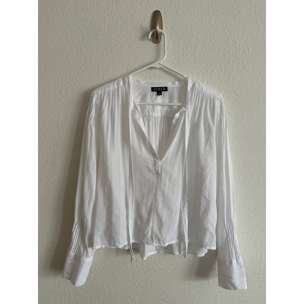 J. Crew White Dobby Stripe Cotton Voile Pleated Sleeve Peasant Blouse Boho S